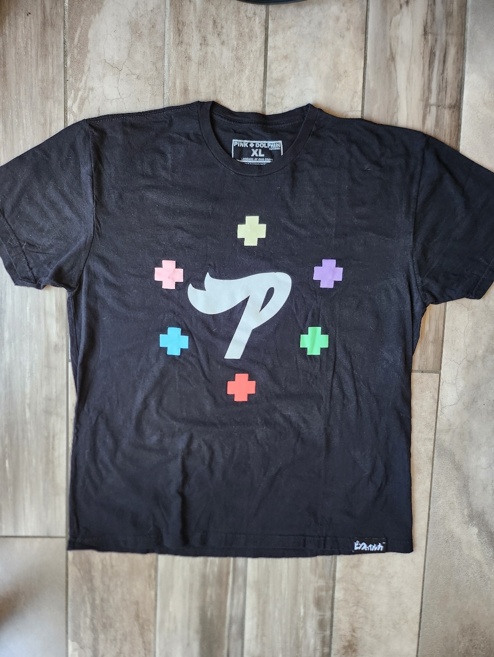 Pink Dolphin Black Tee with White 'P' and Multicolor Plus Signs Men's XL